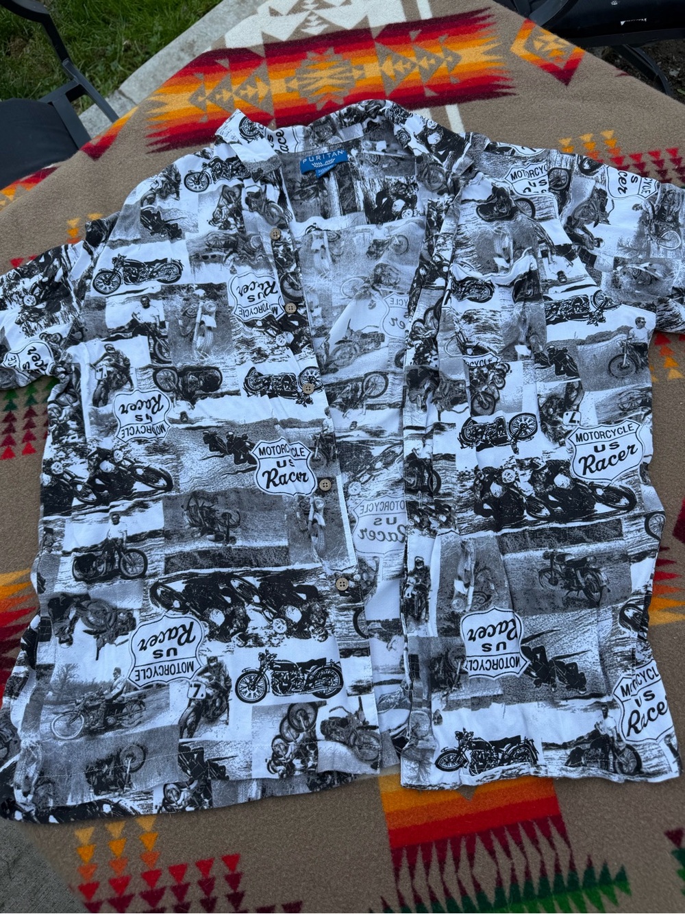 Puritan Black and White Motorcycle Print Short-Sleeve Shirt
